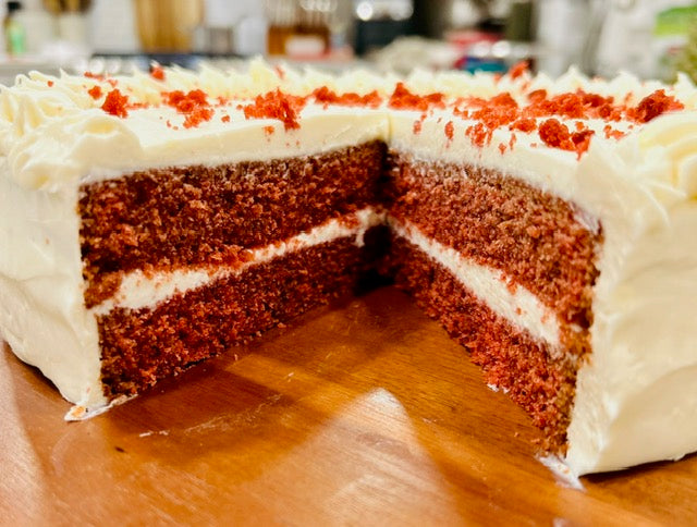 Red Velvet Cake with Cream Cheese Frosting (only available for pick up)